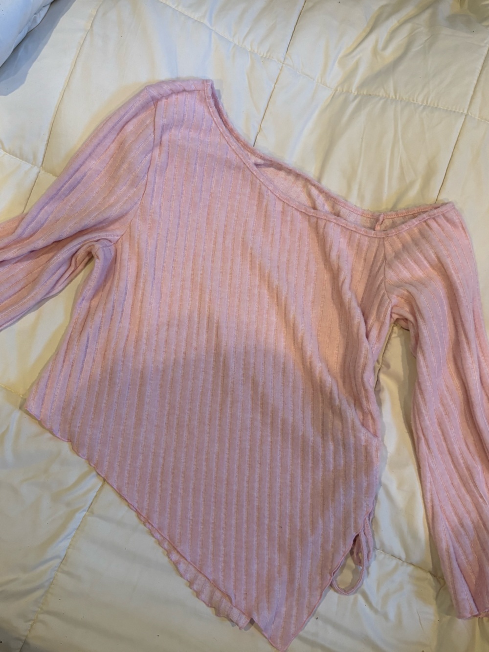 SHEIN Pastel Pink Ribbed Long-Sleeve Asymmetric Top